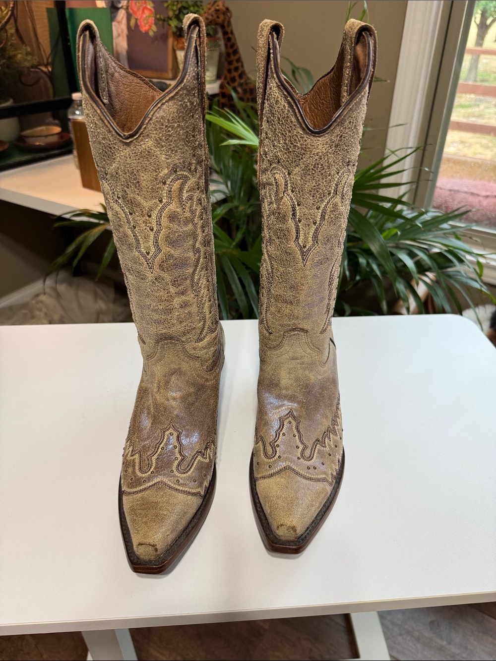 Circle G Distressed Tan Western Embroidered Cowboy Boots Made in Mexico - Picture 2 of 14